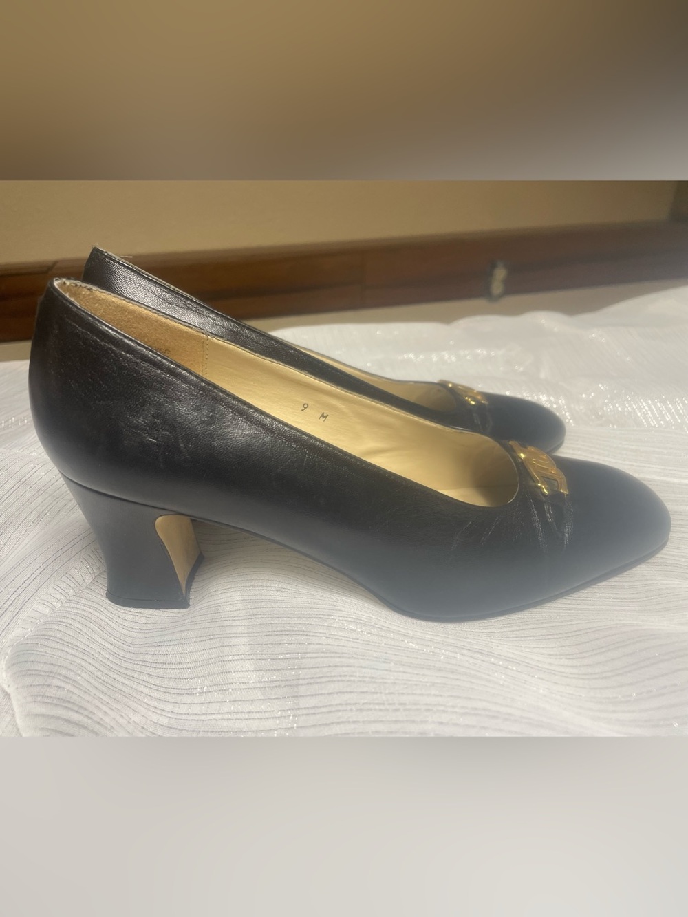 Etienne Aigner Black Leather Mid Heel Pumps with Gold Accent
